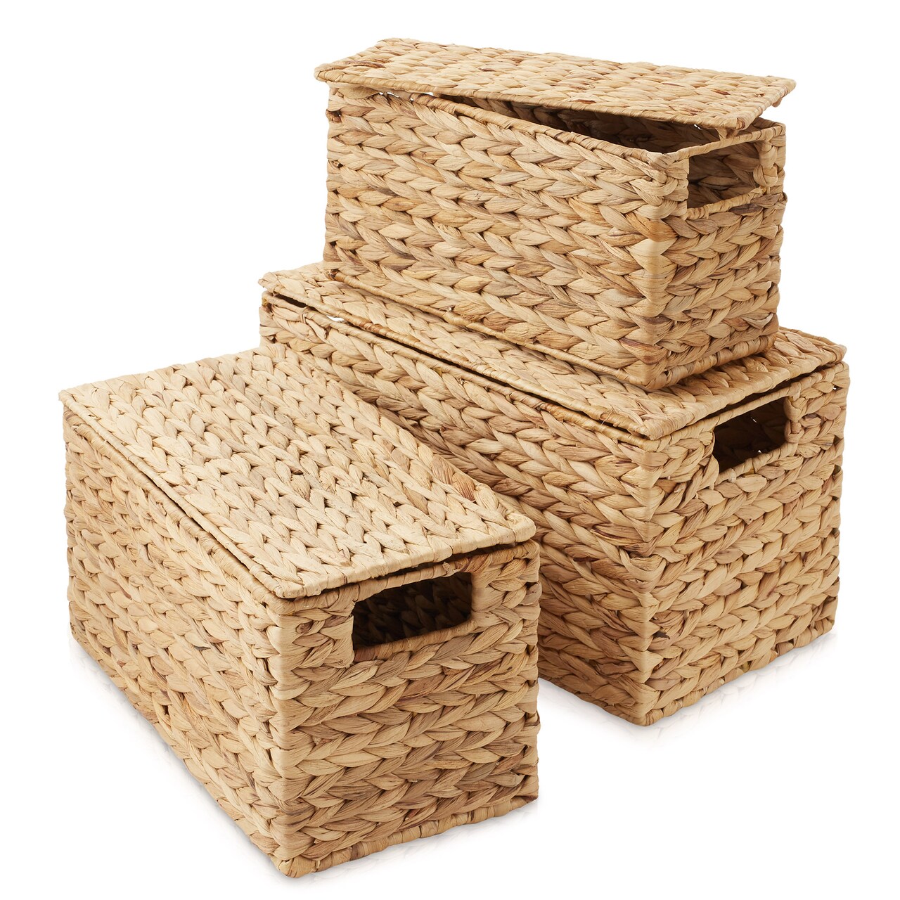 Casafield (Set of 3) Water Hyacinth Storage Baskets with Lids - Small, Medium, Large Woven Nesting Bins for Bathroom, Bedroom, Closets, Shelves